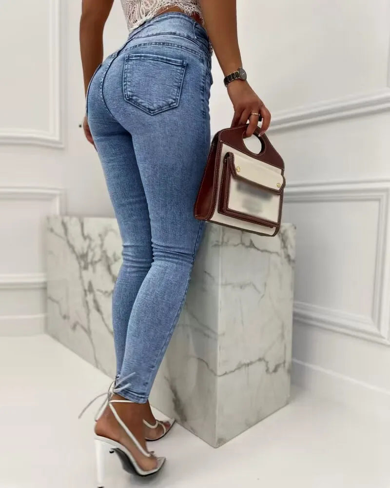 Pearls Decor Buttoned High Waist Skinny Jeans Women New 2023 Summer Spring Slim Ankle Length Pencil Pants Denim Jeans