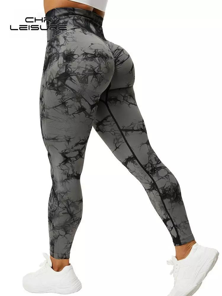 CHRLEISURE Tie Dye Push Up High Waist Leggings Stretch Athletic Women Sexy Pants Casual Seamless Gym Knitting Leggings Femme