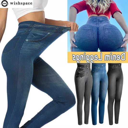 2022 New Vintage Elastic Imitation Denim Leggings High Waist Slim Fit Hip Leggings Women's Jeans Pants Female Clothing Trousers