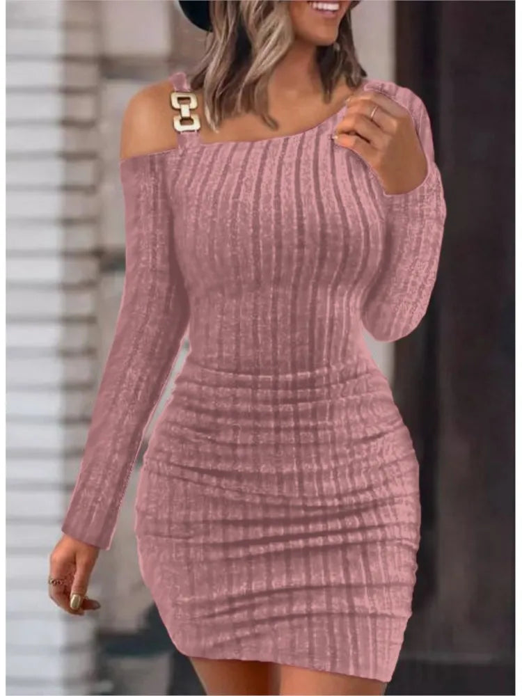 Autumn Winter New Solid Metal Button Oblique Shoulder Neck Tight Wrap Hip Slim Fit Sexy Long Sleeve Dress For Women