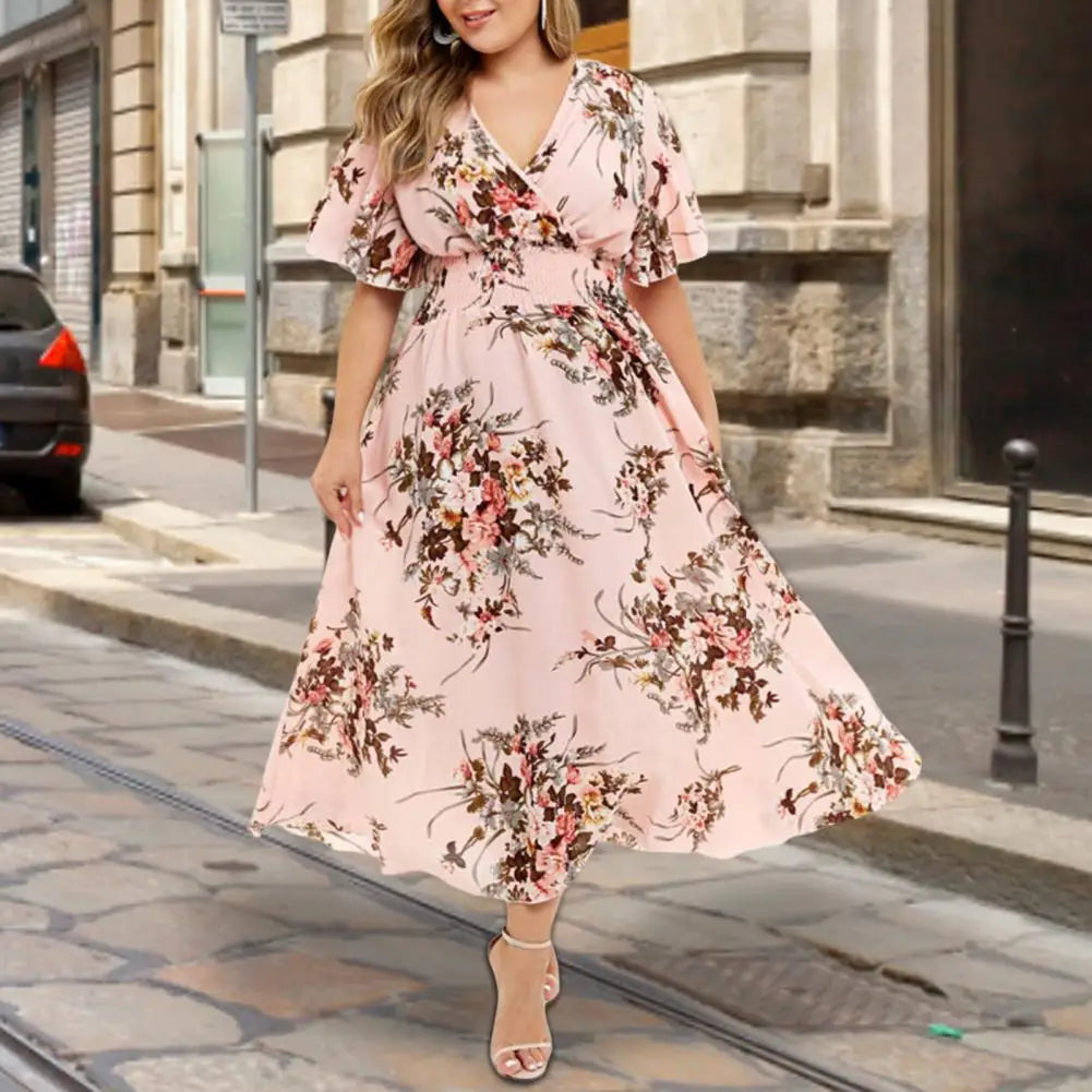 Plus Size Summer Dress Women Floral Chiffon V-Neck Short-sleeved Dress Elastic High Waist Bohemian Dress