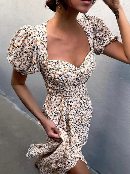 Puff Short Sleeve Women Summer Midi Dress Vintage V Neck White Floral Print French Style Sundress Sexy Slit Party Dresses 2022