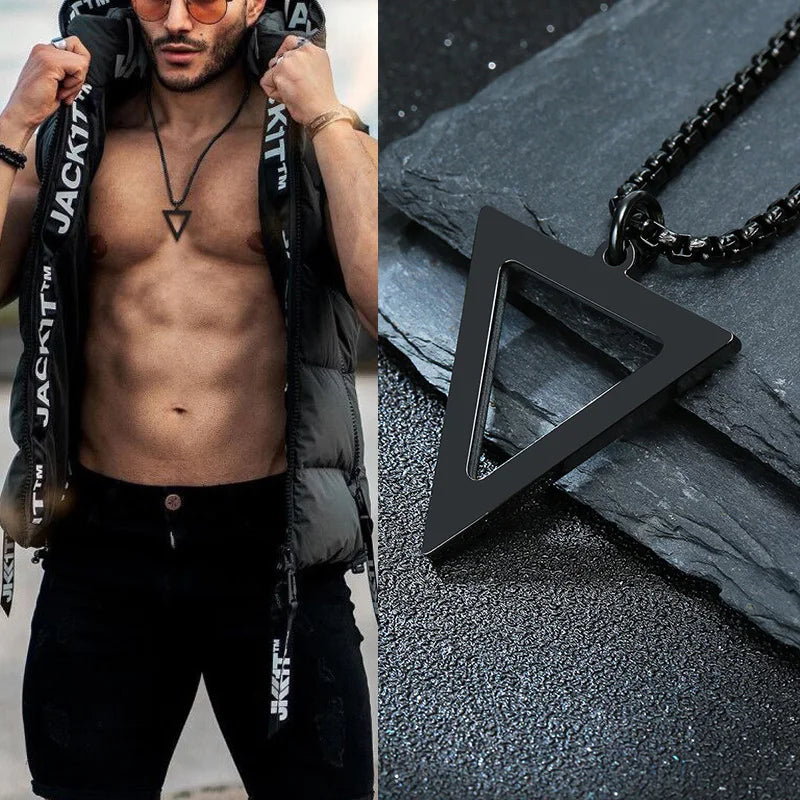 Vintage Fashion Men Jewellery Black Triangle Necklace for Men Stainless Steel Chain for Men Geometric Pendant Punk Party Jewelry