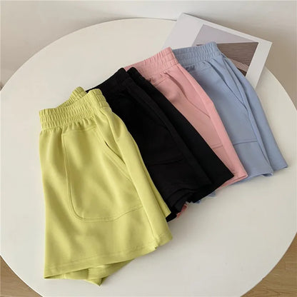 Shorts Women Summer All Match Elastic Waist Loose Solid Casual Korean Style Fashion Soft Streetwear Female Pocket Short Trousers