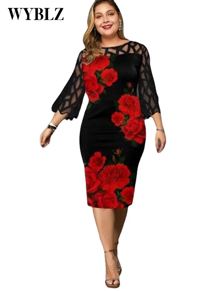 Plus Size Dresses for Women 4xl 5xl Elegant Green Geometric Print Party Dress Woman Layered Sleeve Evening Club Midi Dresses