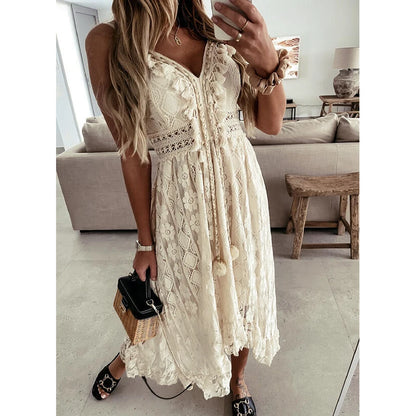 Summer White Dress for Women 2023  Lace Hem Bohemia Short Sleeve High Waist  Dress V-Neck Long Casual Ruffle Maxi Dress