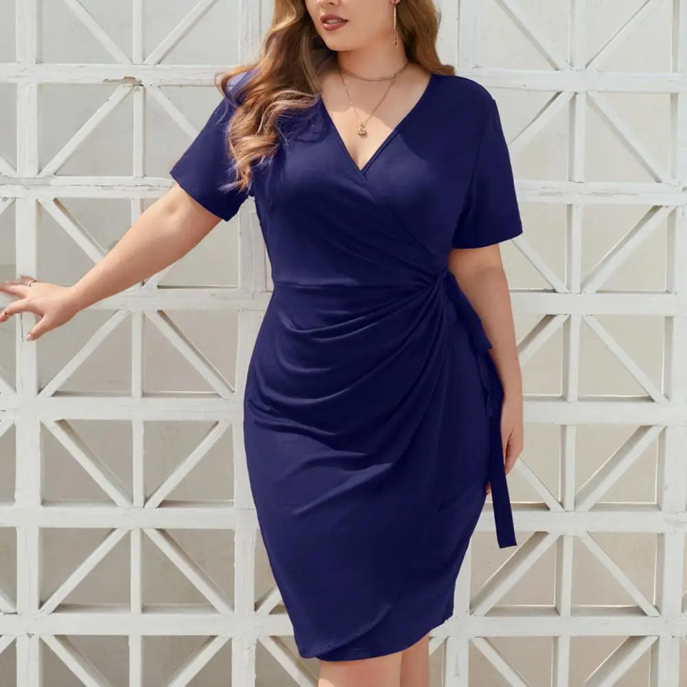 Plus Size Women Dress V-neck Short Sleeve Elegant Dress High Waist Side Lace-up Pleated Knee-length Gown Dress