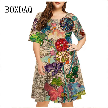 Summer Retro Short Sleeve A-Line DressWomen Plant Flower 3D Printed Dress Casual Fashion O-Neck Loose Ladies Dress Plus Size 6XL