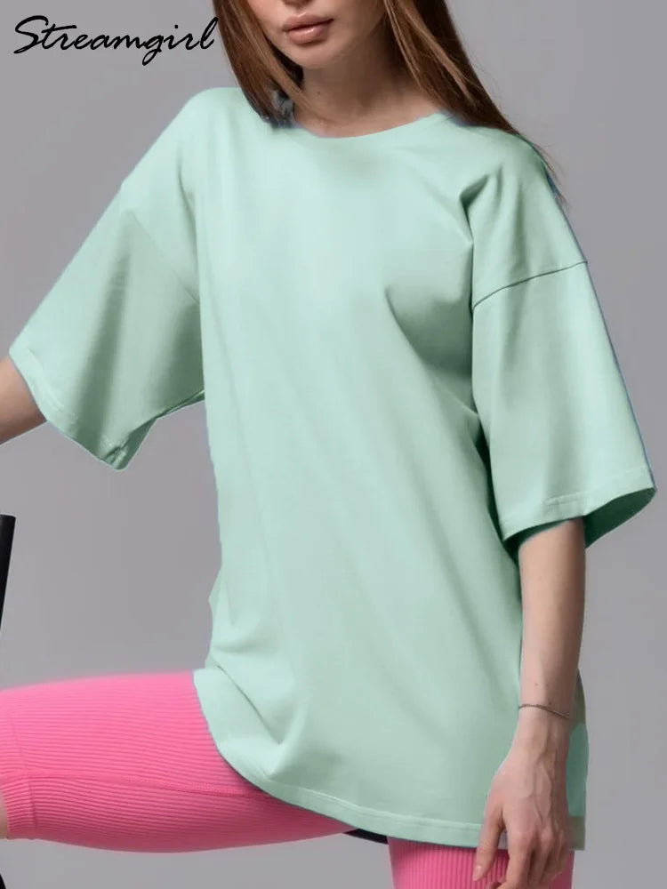 240g Summer Basic Loose Tshirts Women Oversized Solid O Neck Cotton Tops Tees Woman T-shirt 2024 Dropped Shoulder T Shirt Women - Sri sampi