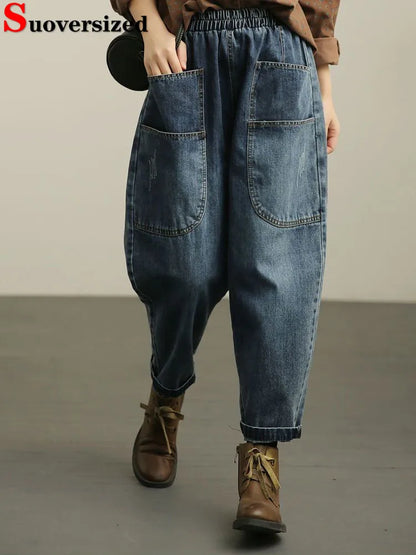 Baggy Hight Waist Harem Jeans Woman Korean Streetwear Ankle Length Denim Pants Spring Fall Vintage Casual Pocket Kot Pantolon