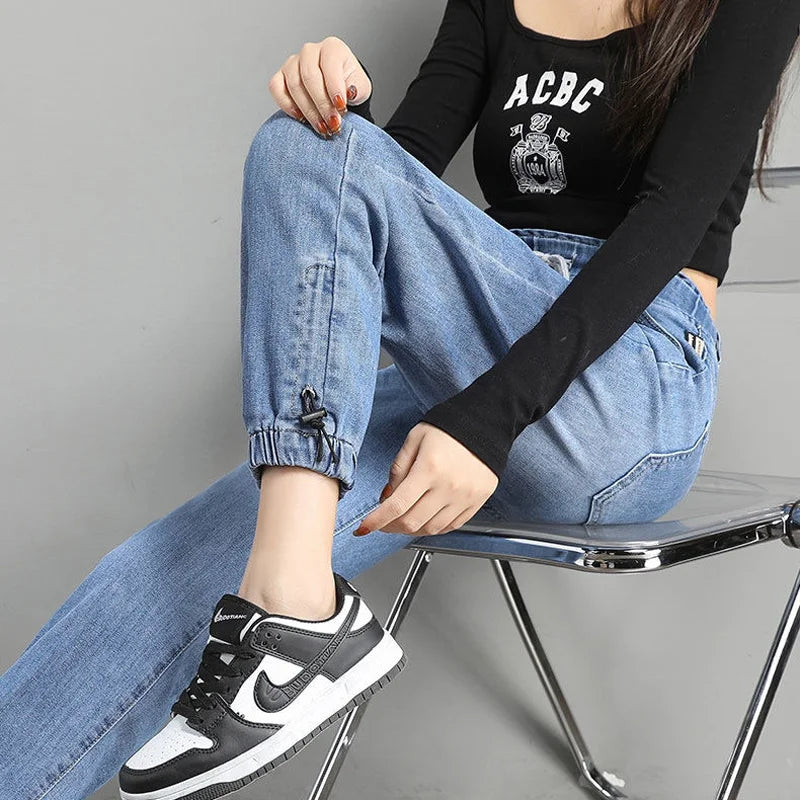 High Waist Drawstring Harem Baggy Jeans Women Spring Autumn All-match Streetwear Ankle Length Denim Trousers Casual Mom Jean New