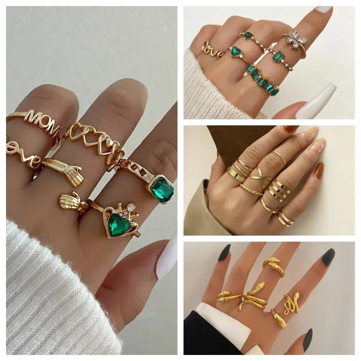 Vintage Crystal Ring Sets for Women Aesthetic Geometric Luxury Lady Jewelry Gift 2023 Fashion Pearl Rings 5pcs/6pcs/10pcs