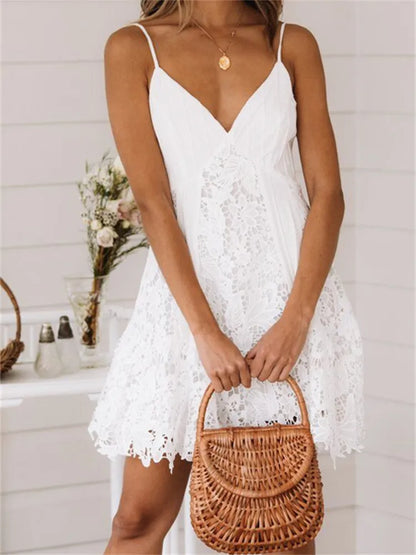 2023 Summer Bohemian White Dress Women Sleeveless Deep V Neck Lace Ruffle A-line Dress Fairycore Chic Casual Dresses Female