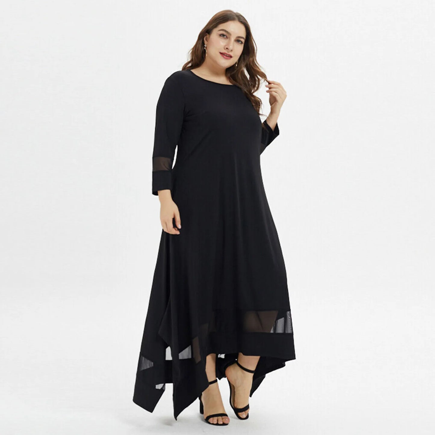 Women Fashion Solid Plus Size Maxi Dress O Neckline Perspective Long Sleeve Loose Black