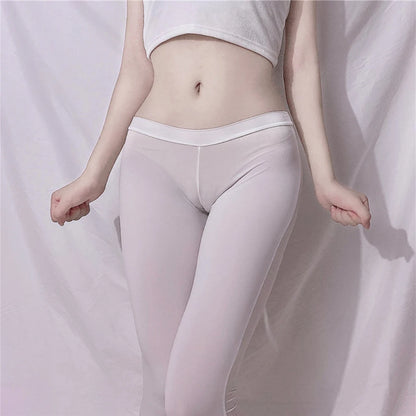 Womens Ice Silk Sexy Pleated See Through Leggings High Elastic Sheer Thin Skinny Yoga Pants Trousers Female Yoga Pants Leggings