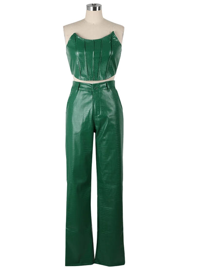Beyprern Women's Green Corset Cut-Out Cargo Metallic Jumpsuits PU Leather Matching Set Sexy Clubwear 2 Piece Outfits