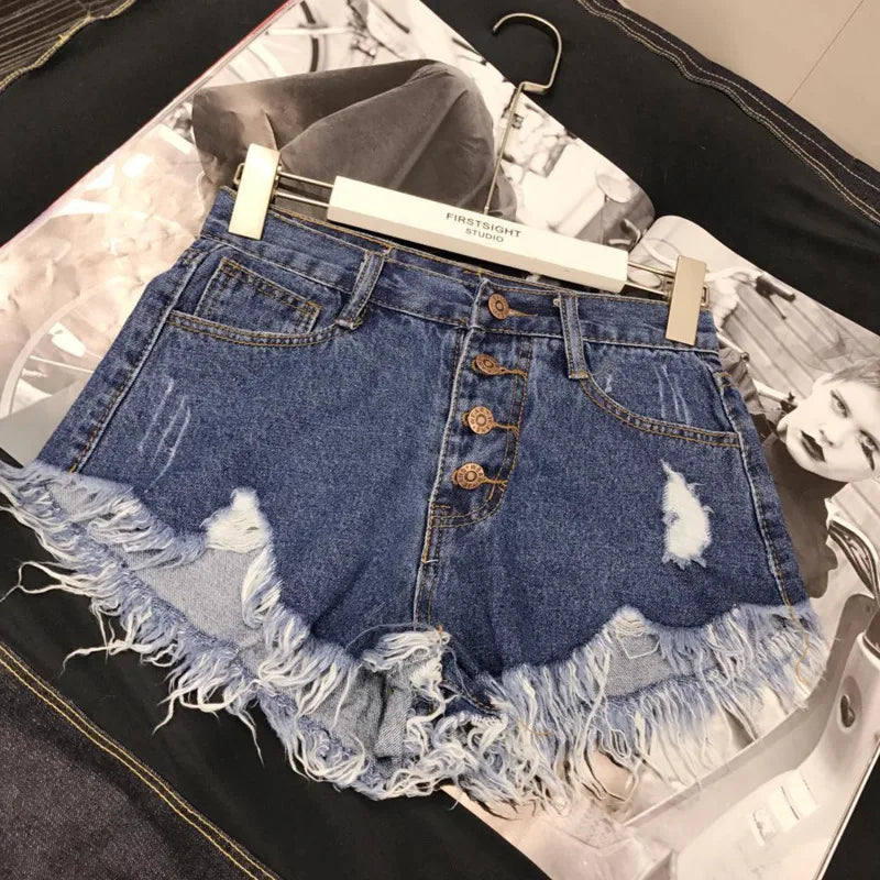 High Waist Tassel Broken Denim Shorts Women Summer Korean Version Raw Edge Wide Leg Loose Plus Size Jean Shorts Female