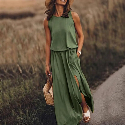 Abito lungo maxi da donna estivo Abiti da spiaggia Abito estivo floreale casual senza maniche 2023 Abiti estivi verdi per le vacanze Abito canotta Boho