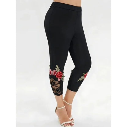 Women's Fashionable Lace Floral Print Solid Color Slim Fit Leggings Casual Fitness Calf Pants