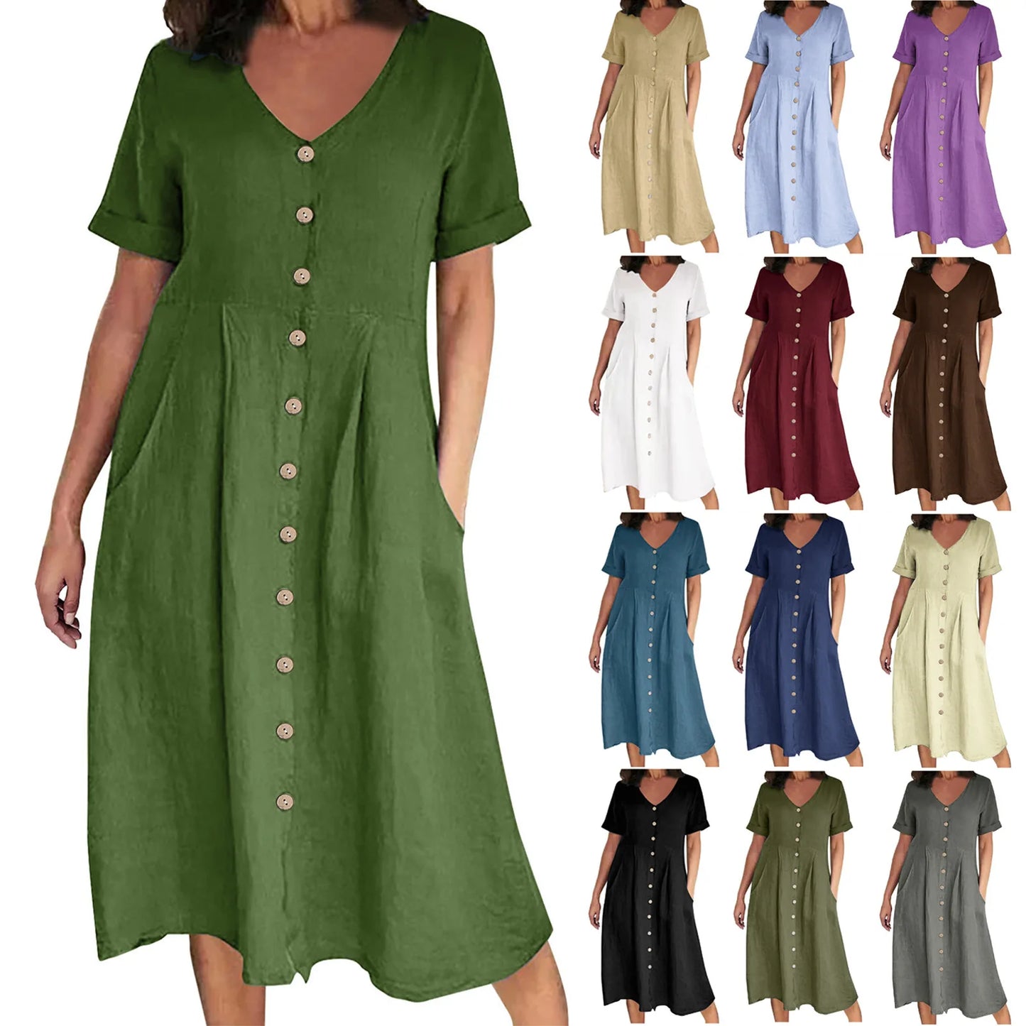 Women's Clothing Summer Casual V Neck Short Sleeve Cotton Linen Midi Dress Solid Loose High Waist Elegant Party Dresses Vestidos