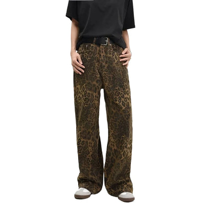 Tan Leopard Jeans Women&Men Denim Pants Female Oversize Wide Leg Trousers Street Wear Hip Hop Vintage Cotton Loose Casual