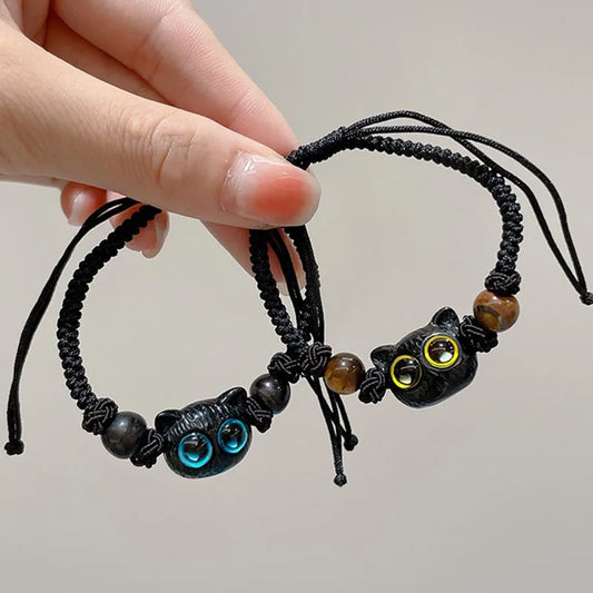 Cute Black Cat Rope Braided Bracelet for Women Mens Couple Bracelet Handmade Trendy Lover's Jewelry Adjustable Wrist Bracelets