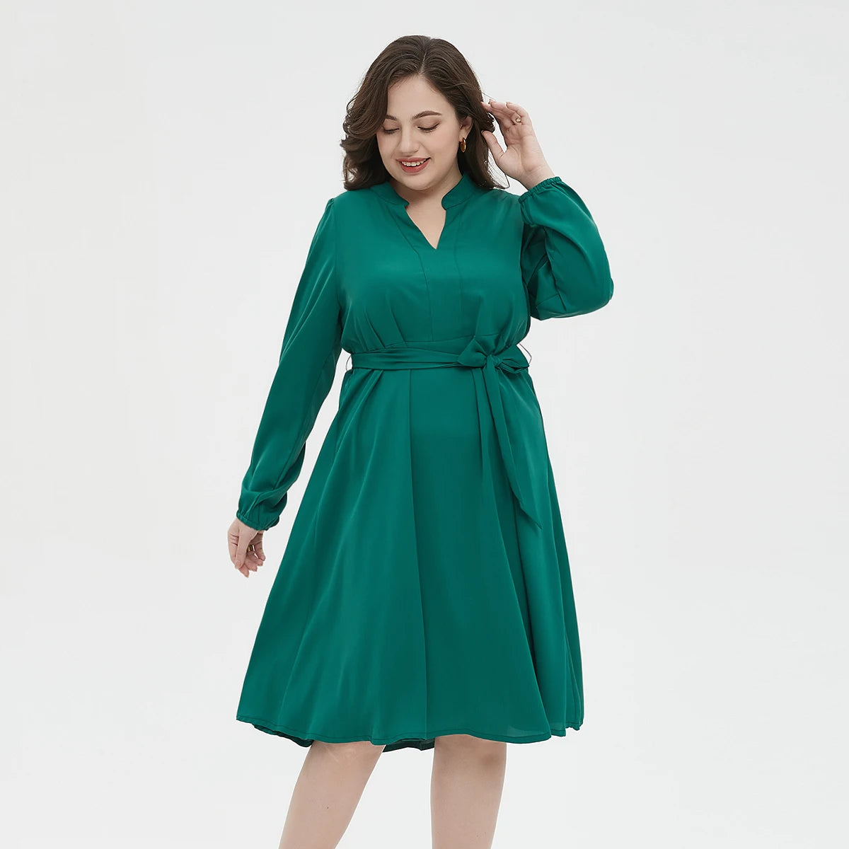 Plus Size 2024 New Solid Color Tie Waist Dress Casual Fashion V Neck Long Sleeve Dress Women's Plus Size Clothing L033