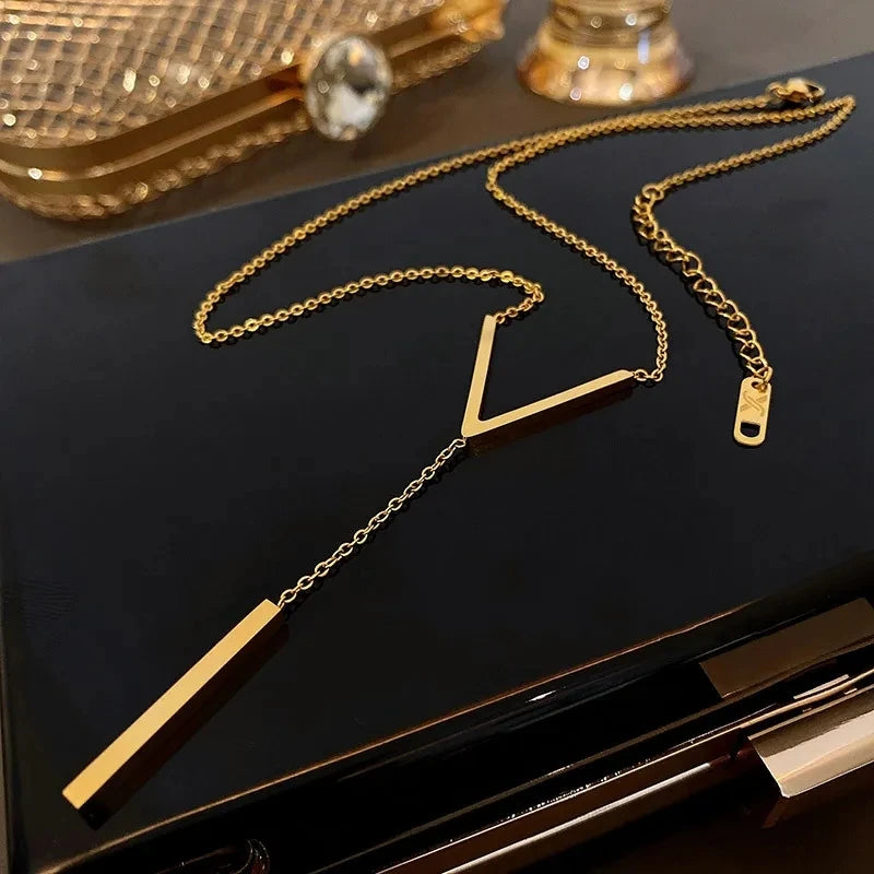 Stainless Steel V Shape Stick Pendant Necklace for Women Ladies Dainty Long Chain Necklace  Party Jewelry