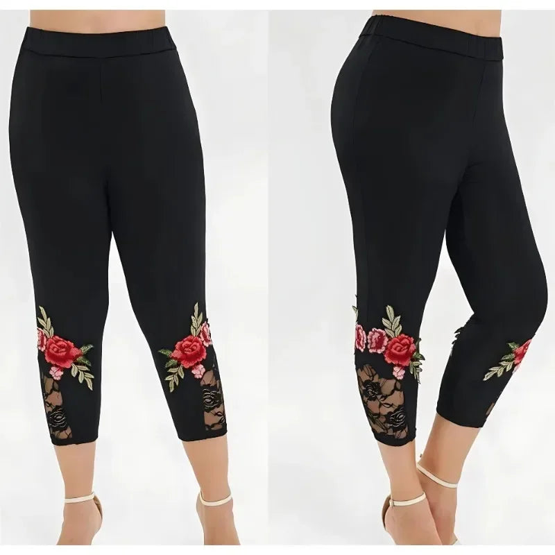 Women's Fashionable Lace Floral Print Solid Color Slim Fit Leggings Casual Fitness Calf Pants