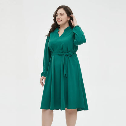 Plus Size 2024 New Solid Color Tie Waist Dress Casual Fashion V Neck Long Sleeve Dress Women's Plus Size Clothing L033