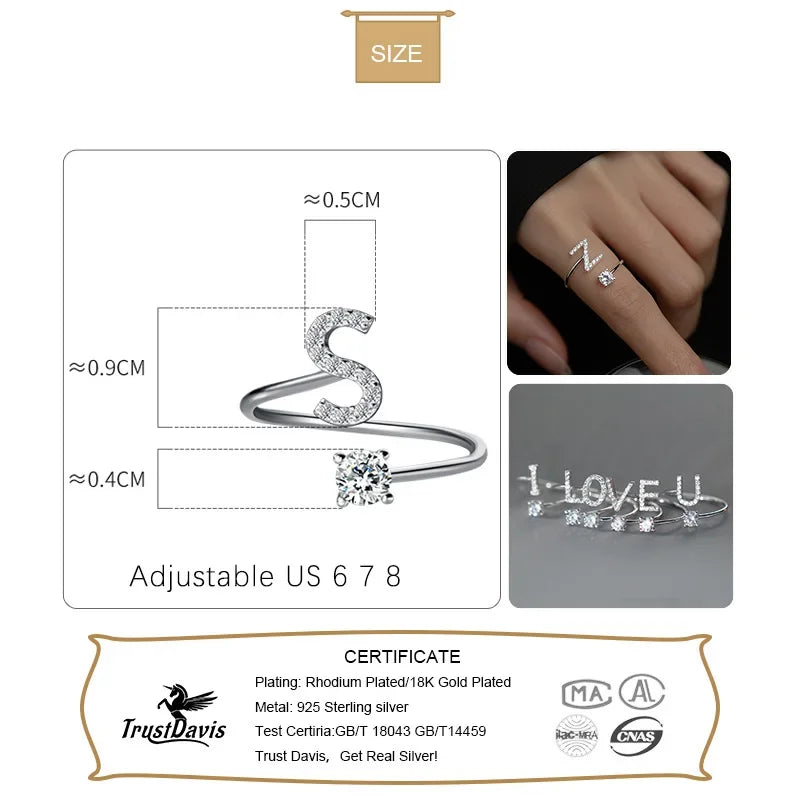 TrustDavis Real 925 Sterling Silver Rings For Women Wedding Party Jewelry 26 Letter Clear CZ Opening Ring Fine Jewelry  DA3121