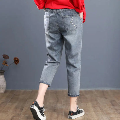 Vintage Y2K Women Baggy Jeans Spring Summer New Ankle-Length Pants Elastic Waist Denim Printing Korean Hole Full Trousers 2023