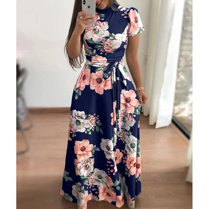 Women's Summer Long Super Long Dress 2023 Casual Short Sleeve Flower Print Dresses Casual High Collar Bandage Vestidos S-5XL