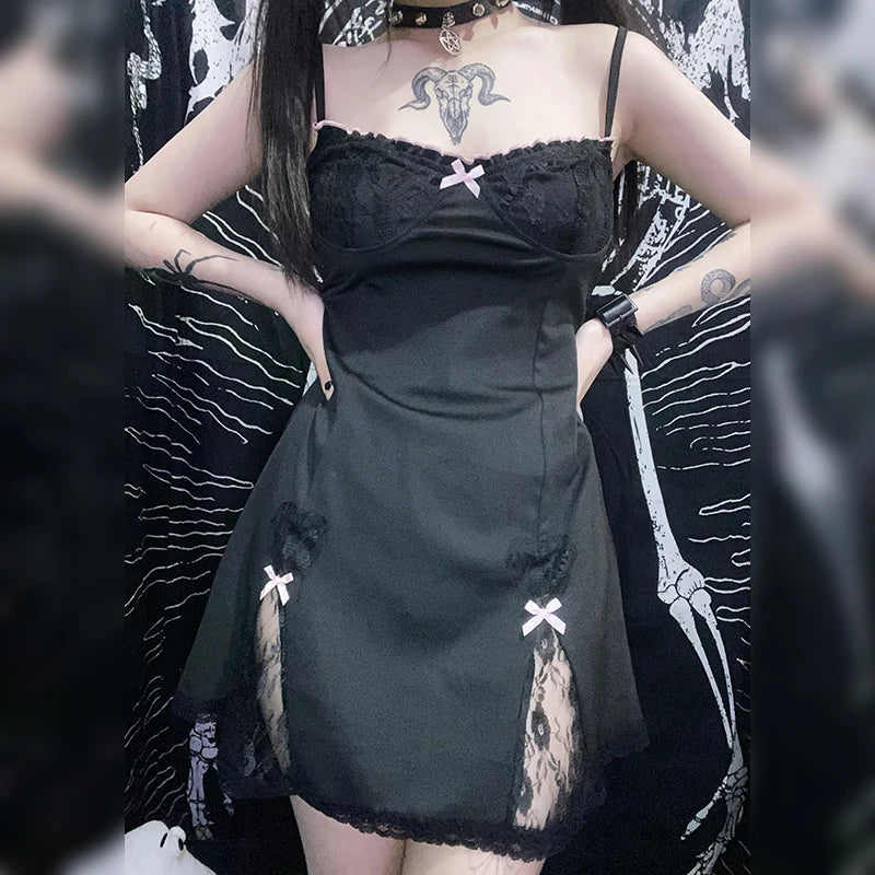 Women Lace Trim Lolita Dress Contrast Color V-neck Sleeveless Bow Goth Dark Aesthetic A-line Dress Y2k Fairy Grunge Streetwear