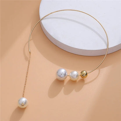 New Geometric Simple Round Bead Opening Adjustable Metal Collar Cold Wind Imitation Pearl Necklace for Women Boho Jewelry Gift