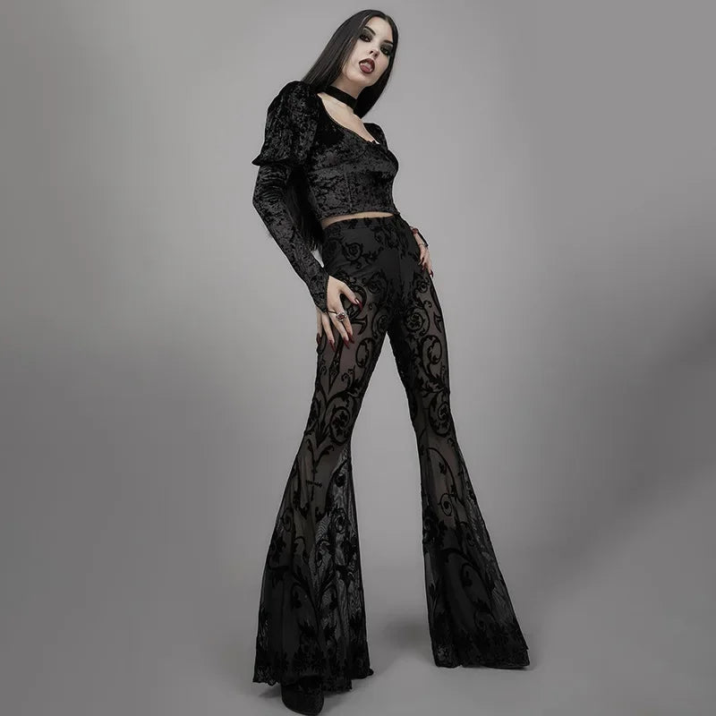 Goth Black Sexy Lace Floral Flare Pants Women Gothic Club High Waist Skinny Fit Trousers Female Fashion Slim Fit Long Pants 2022