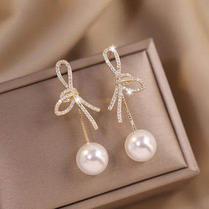 Elegant Micro Zircon Setting Bowknot Pearl Dangle Earring For Women Exquisite Advanced Design Young Girl Gold Color Jewelry N539