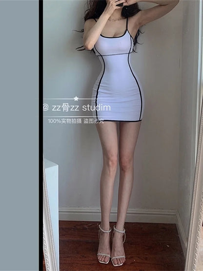 Summer New Sweet White Stripe Elegant Sexy Hip Mini Tank Dress Tops Skinny Hot Sexy Korean Women Dresses Backless Y2k 75F2