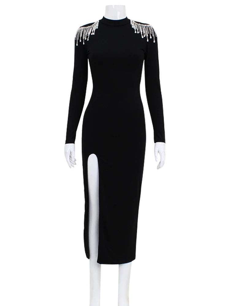 CNYISHE Beading Split Sexy Club Women Dresses Half High Neck Long Sleeve Streetwear Backless Slim Bodycon Female Vestidos Robes