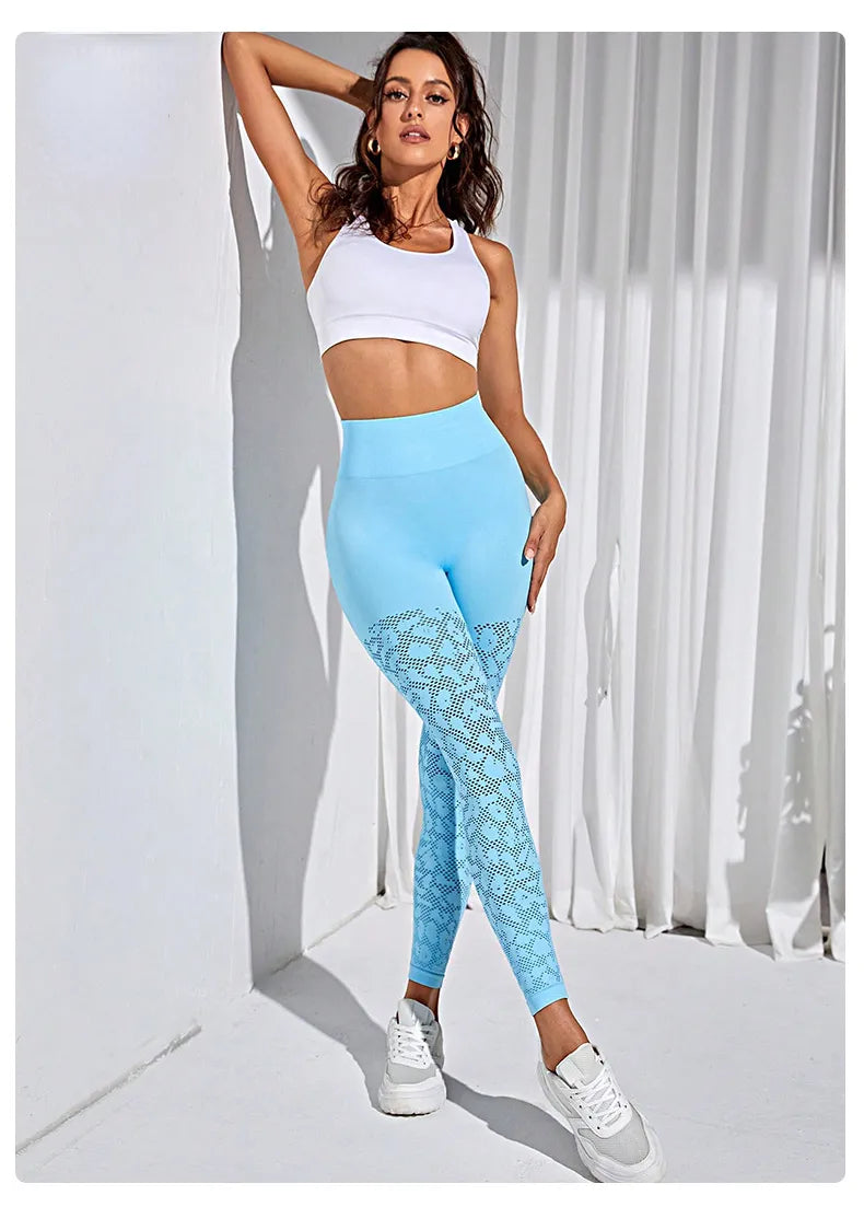 Women Seamless Leggings  Hollow Out Gym Leggings Ladies High