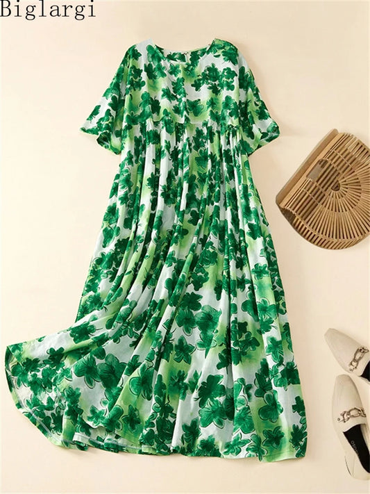 Plus Size Summer Pleated Vintage Floral Dress Casual Pullover Ladies Womens Cotton Striped Print Dresses Woman Loose Long Dress