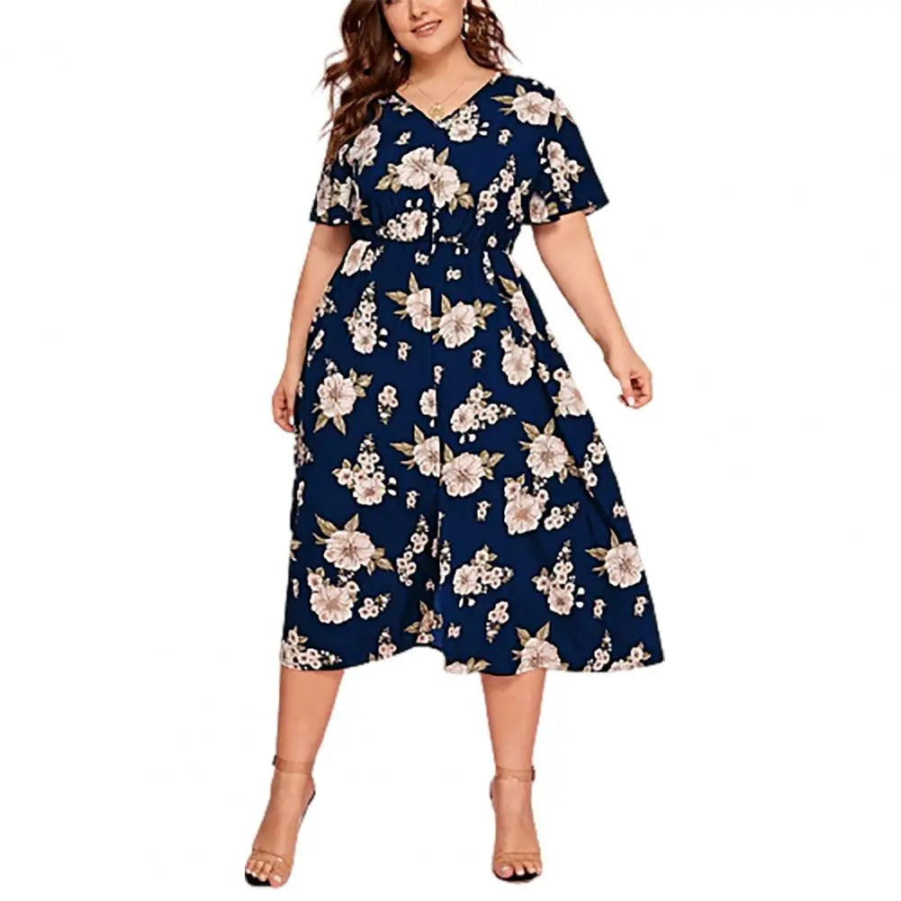 Women Midi Dress Large Hem Lady Summer Dress Short Sleeve V Neck Women Dress Tight Waist Plus Size Lady Dress Female Clothes - Sri sampi