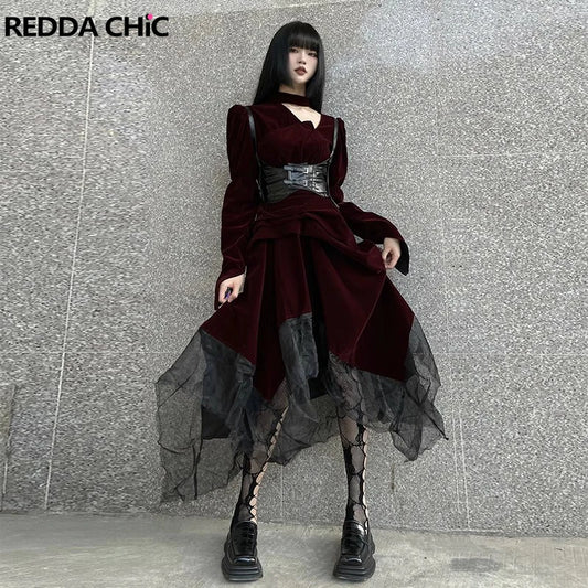 ReddaChic Goth Red Velvet Long Dress Waist Cincher Women 2-piece Set Medieval Retro Lace Patchwork Long Sleeves Desire One-piece