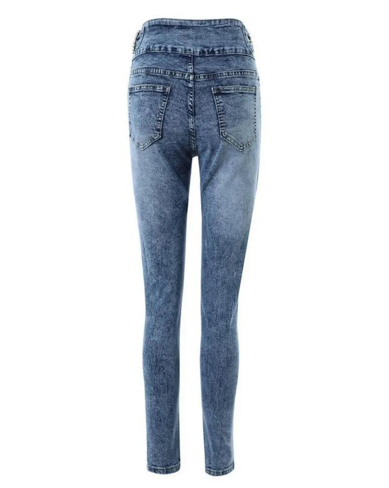 Jeans skinny a vita alta con bottoni con decorazione di perle Jeans da donna nuovi pantaloni a matita alla caviglia slim primavera estate 2023