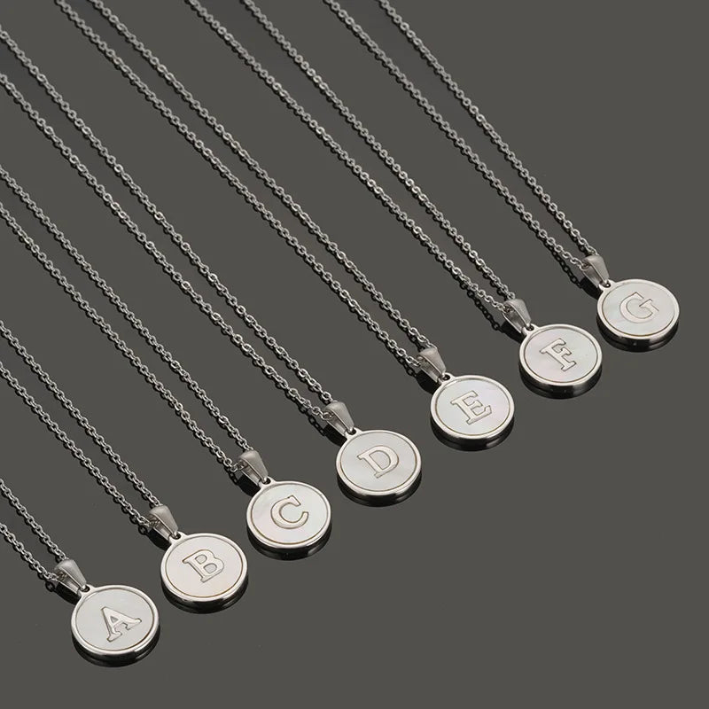 Initial Letter Necklace A-Z White Shell Round Alphabet Pendants Necklace Stainless Steel Letters Men Women Pendant Charm Jewelry