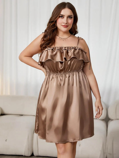 Plus Size Women's Summer Dress Silk Satin with Double Layer Ruffle Sleeveless Cold Shoulder Elastic Waist Vacation Gown Robe