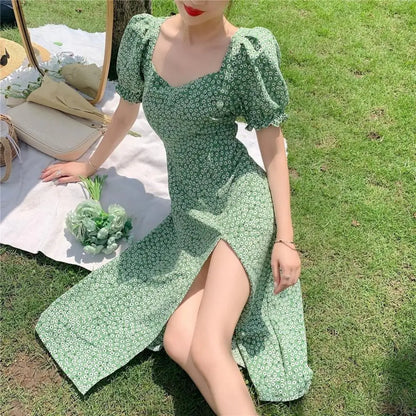 Women Summer Dress Bubble Sleeves High Split Loose Hem Square Neck Flower Print Shirring Tight Waist Midi Dress Female Clothes