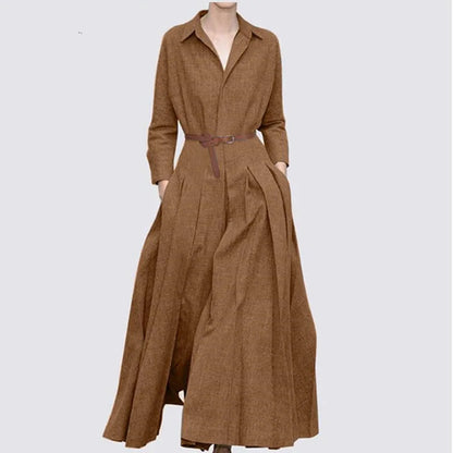 L-5XL 2022 New Solid Color Dress Lapel Casual Spring Autumn Autumn Beltless Loose Plus Size Linen Dress Coa Party Dresses