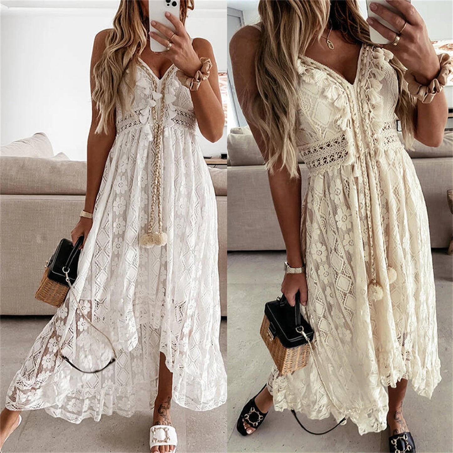 Summer White Dress for Women 2023  Lace Hem Bohemia Short Sleeve High Waist  Dress V-Neck Long Casual Ruffle Maxi Dress