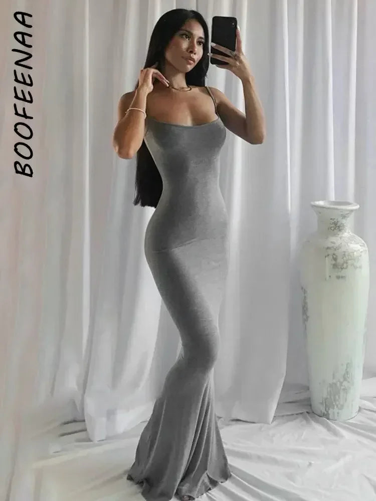 BOOFEENAA Strap Backless Long Maxi Dresses Party Club Vacation Outfits for Women Sexy Casual Summer Dress 2024 Wholesale C85CZ24